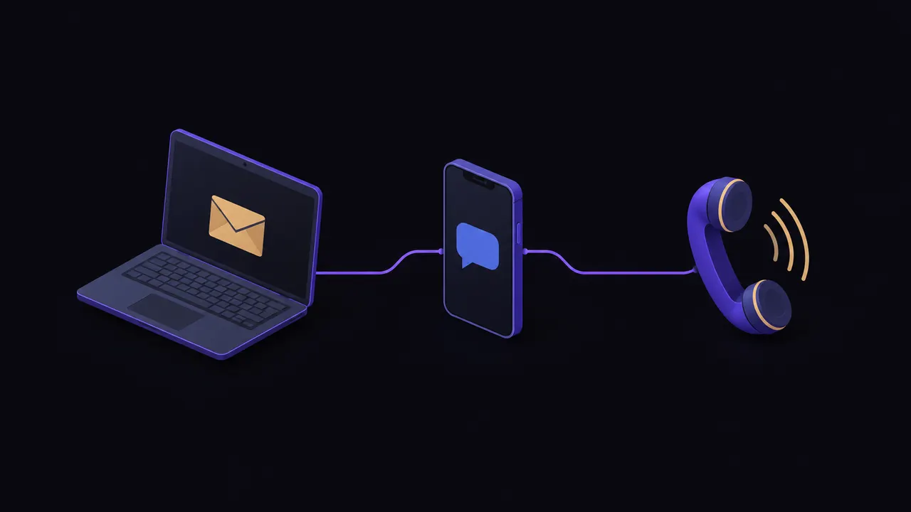 Laptop email, phone SMS and voice call linked as three simulation channels
