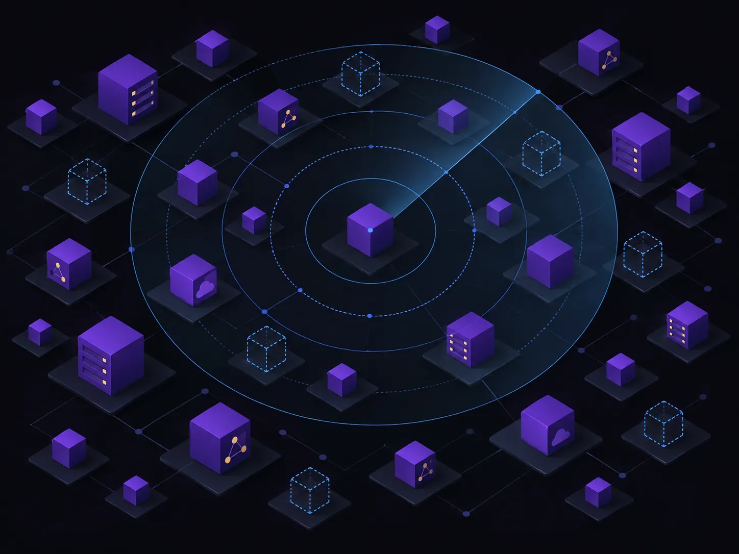 Isometric radar sweeping a field of external assets, with unknown assets shown as dashed outlines