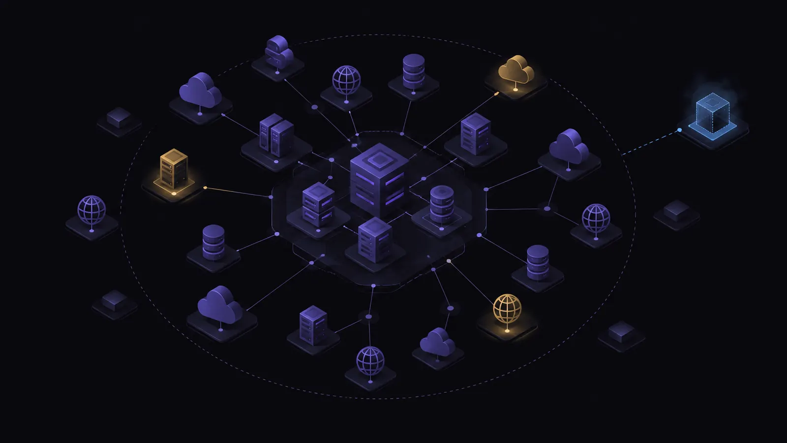 Isometric map of an external attack surface: servers, clouds, databases and domains linked to a central core, with one unknown asset outlined in blue