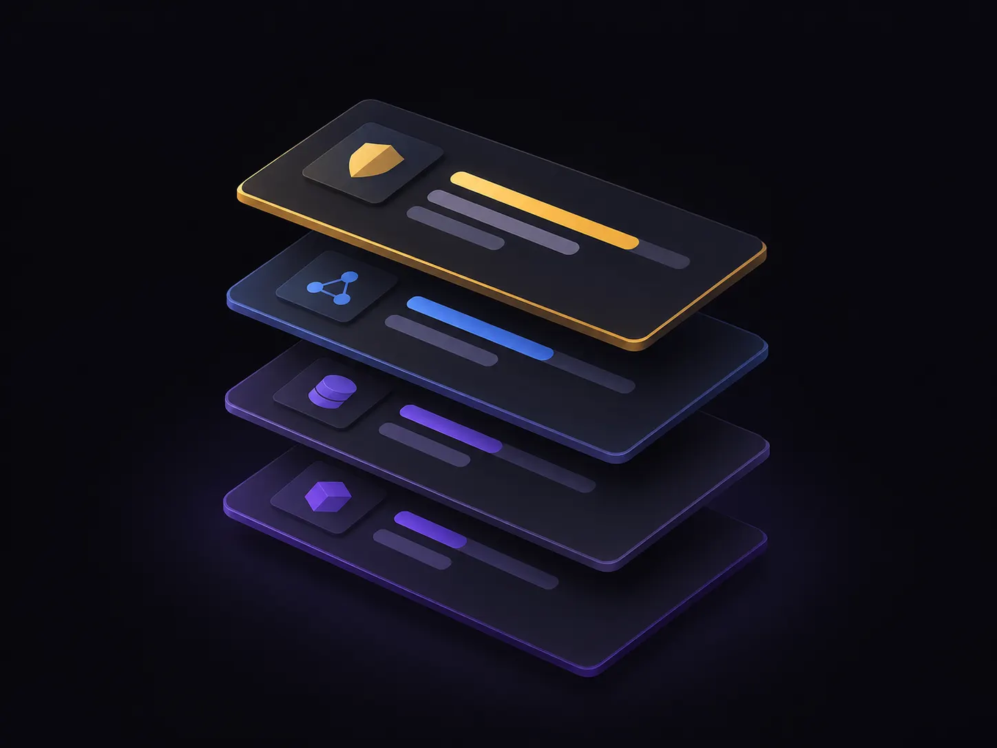 Stacked isometric risk cards ranked by severity in gold, blue and purple