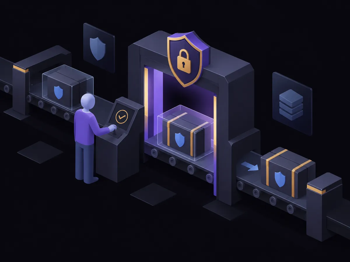 An analyst at a checkpoint approving a protected package before it passes through a secured gate