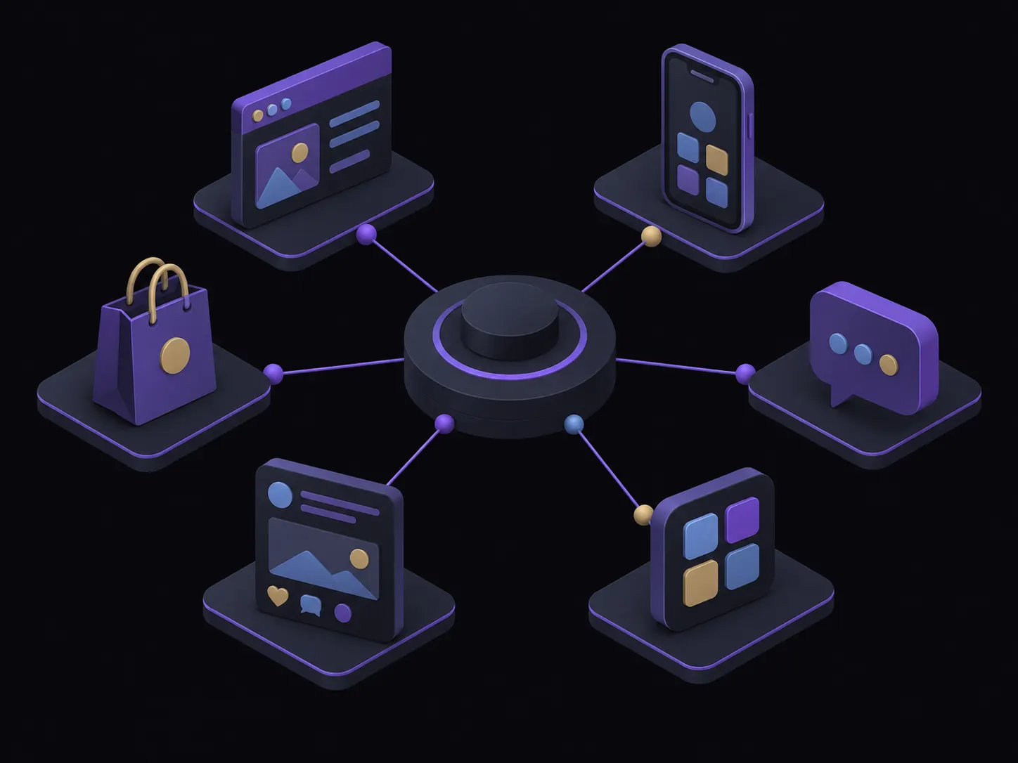 A central brand hub connected to six channel icons: social, domains, app stores, dark web, marketplaces and messaging