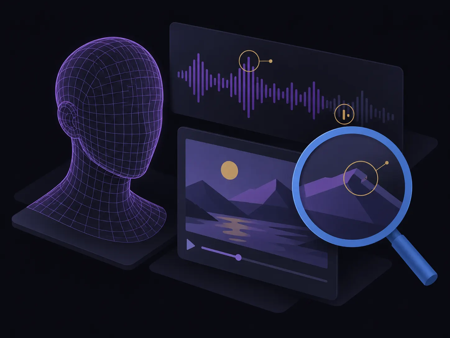 Wireframe head, audio waveform and video frame under a magnifying glass, representing deepfake analysis