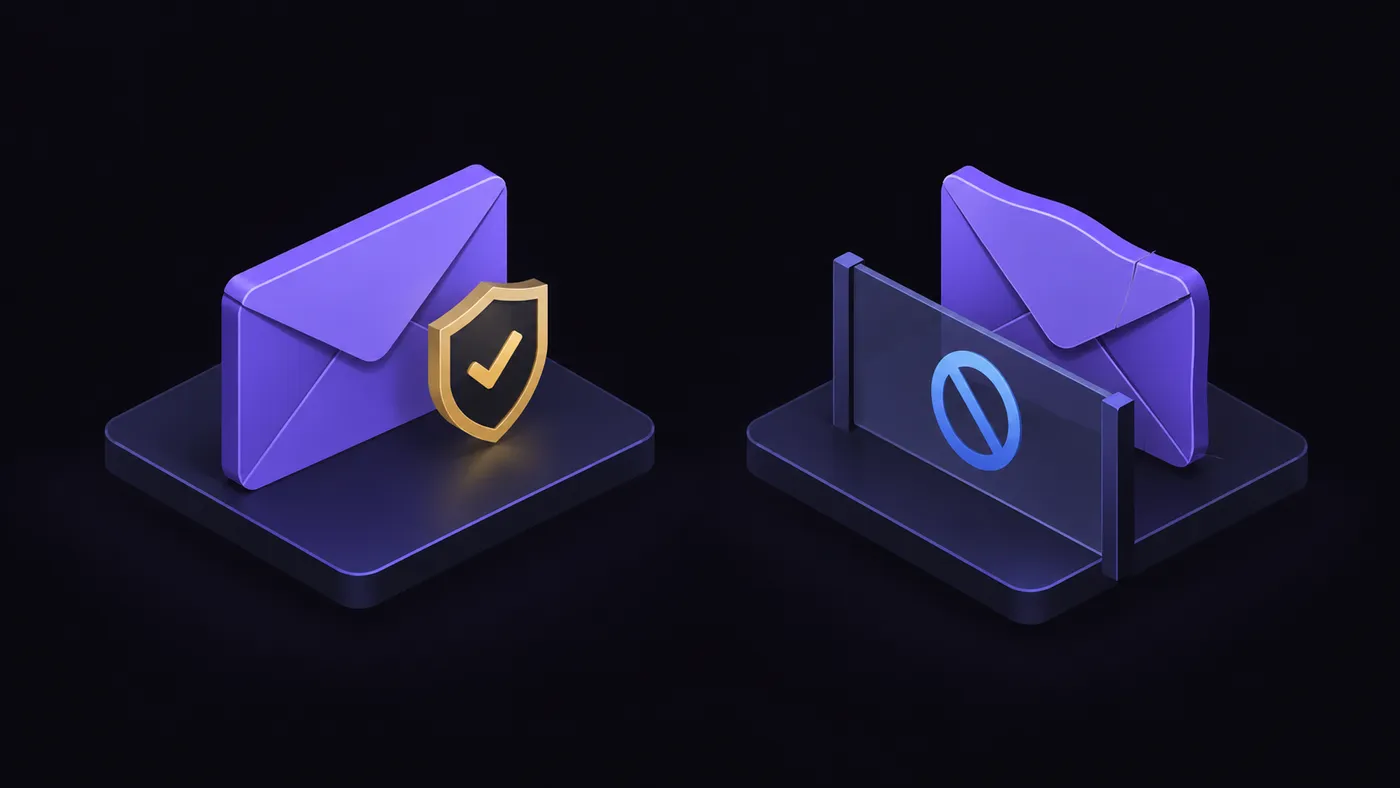 A verified envelope with a gold shield on the left and a tampered envelope blocked by a barrier on the right