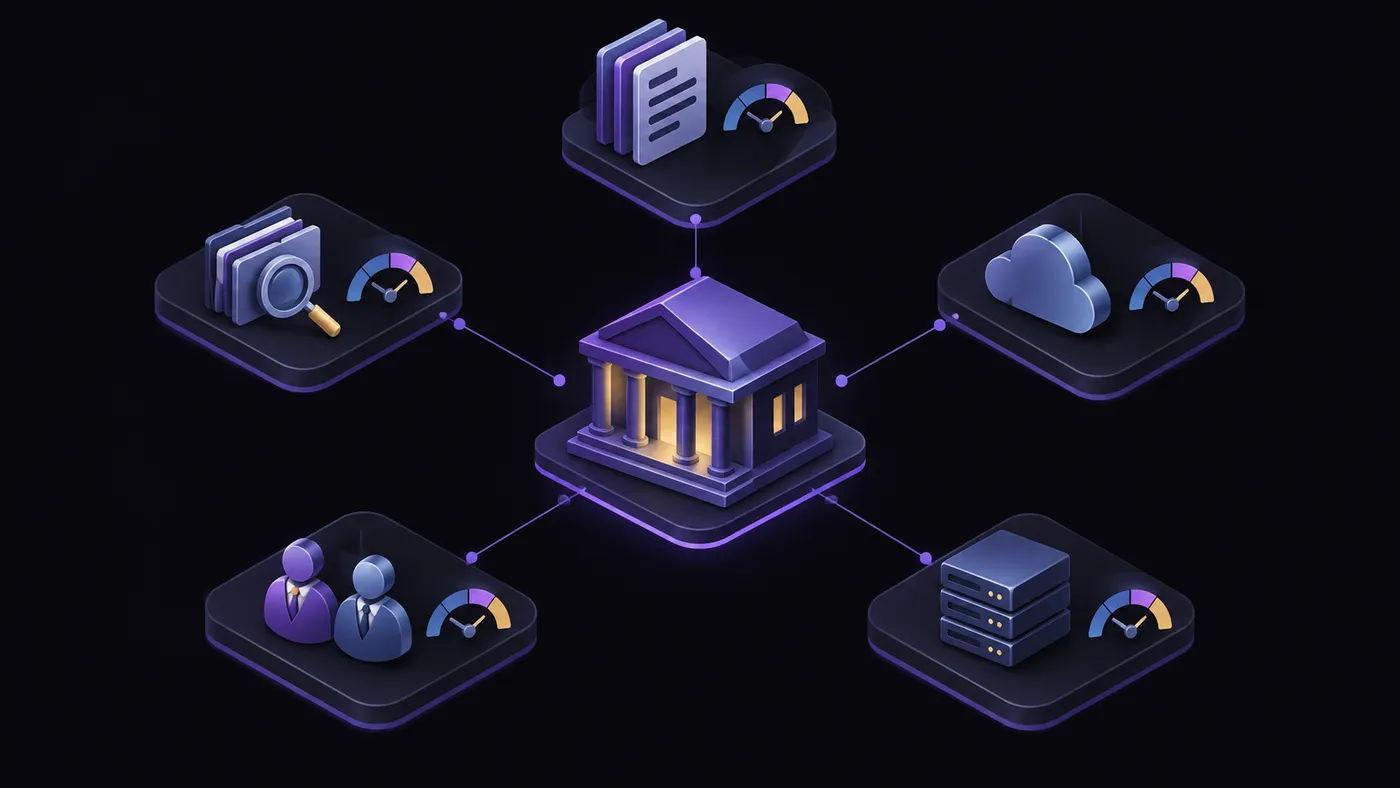 A law firm at the centre of five vendor and data nodes, each with its own risk gauge