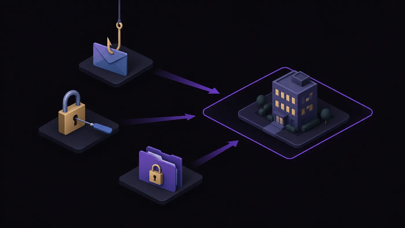 Phishing email, a picked padlock and a locked folder sending attacks toward a small office building