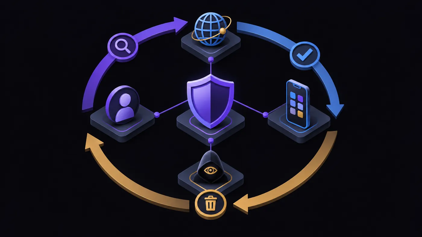 Cycle of detect, validate and takedown arranged around a central shield
