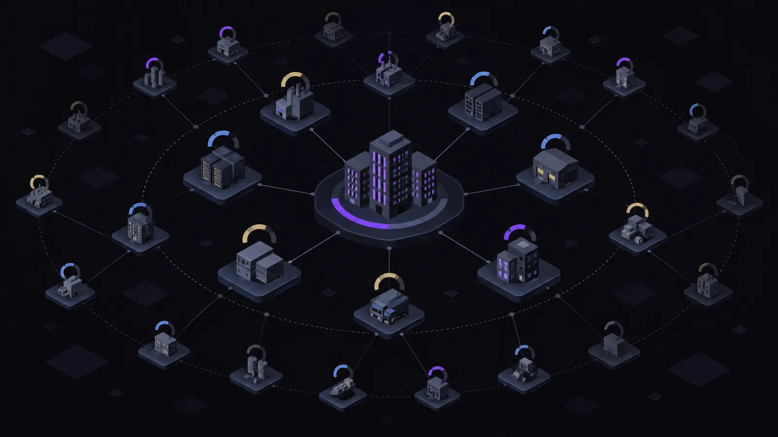A central organisation hub connected to a ring of vendor nodes, each with a risk indicator