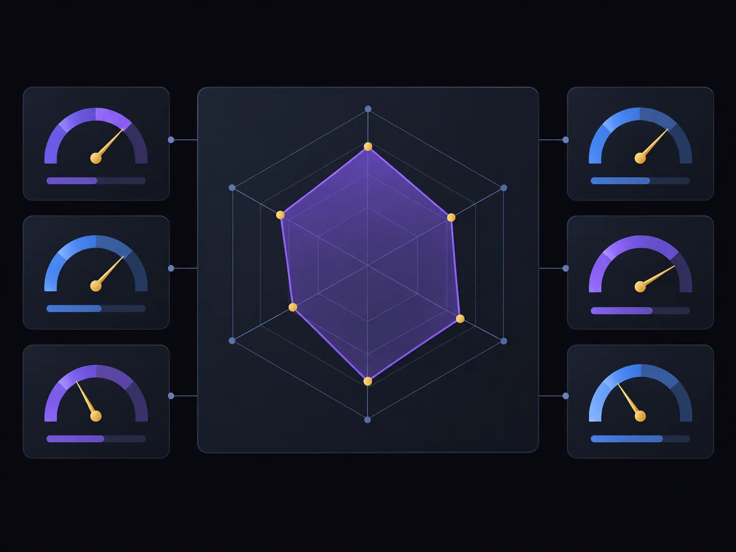 Vendor risk gauges and a radar chart showing posture signals such as exposure, credentials, and certificates